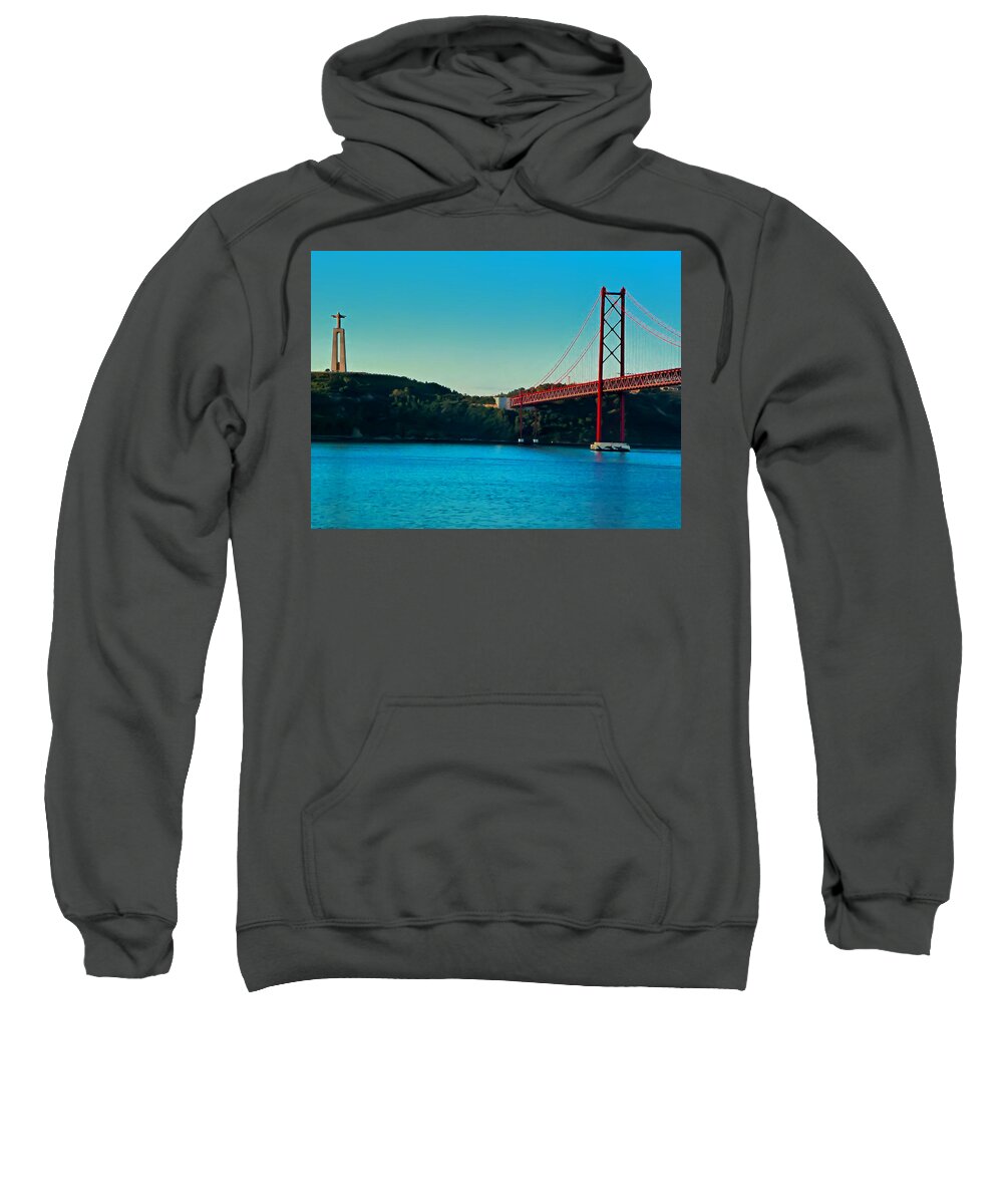 Lisbon Sweatshirt featuring the photograph Cristo Rei and the 25 de Abril Bridge by Mitchell R Grosky