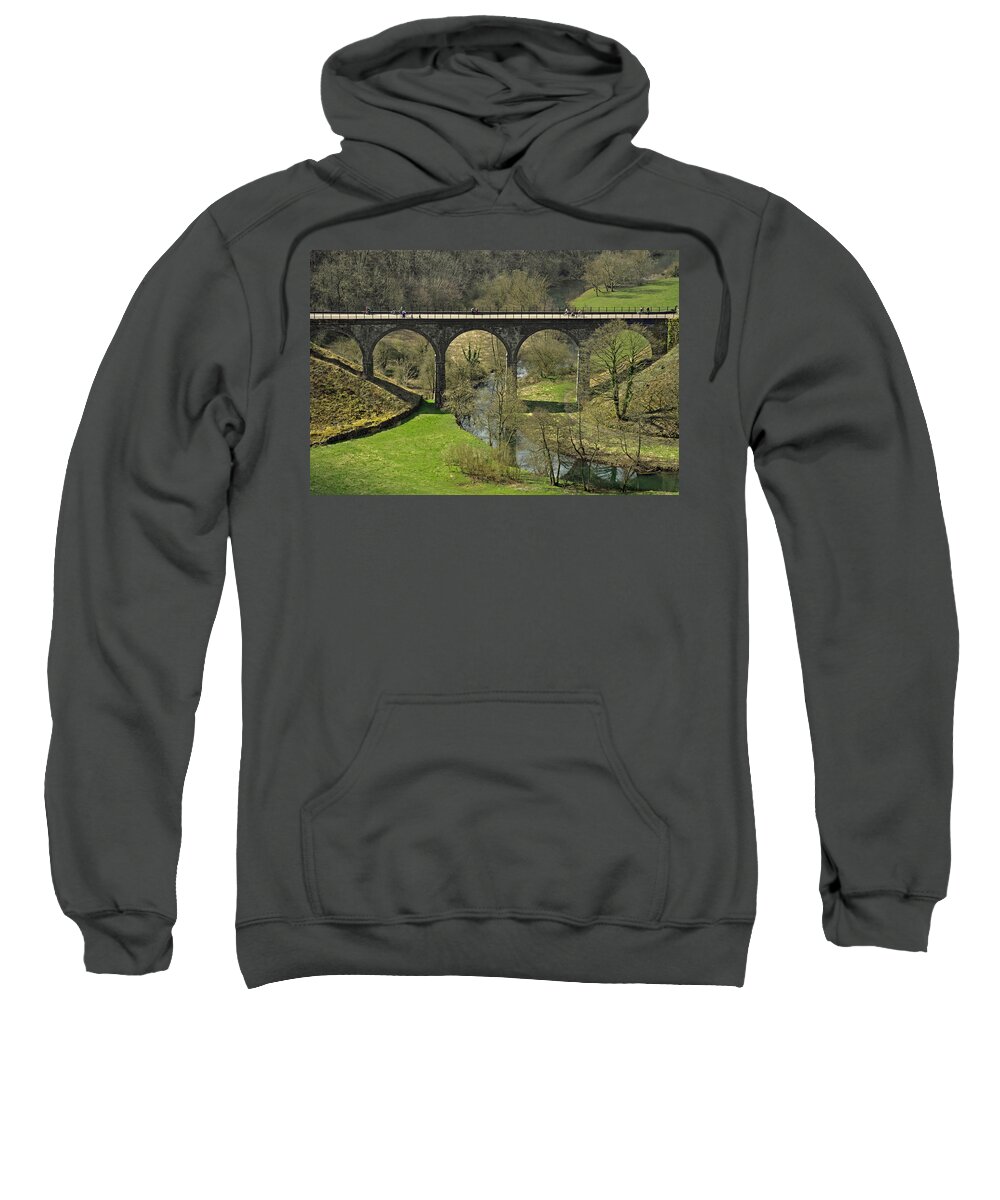 Bright Sweatshirt featuring the photograph Cyclists on the Headstone Viaduct by Rod Johnson
