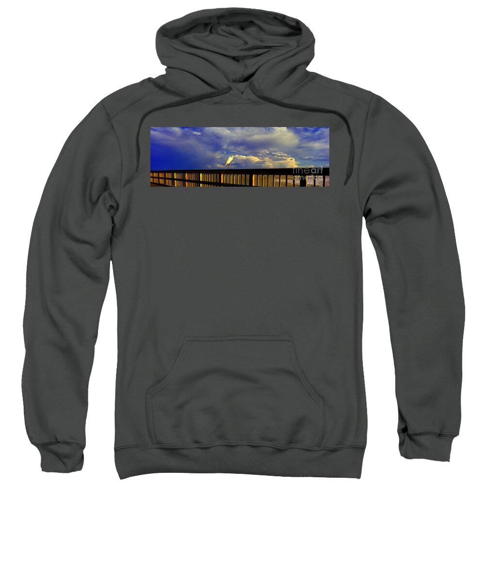 Daytona Sweatshirt featuring the photograph Daytona Beach Rail Bird Sun Glow Pier by Tom Jelen