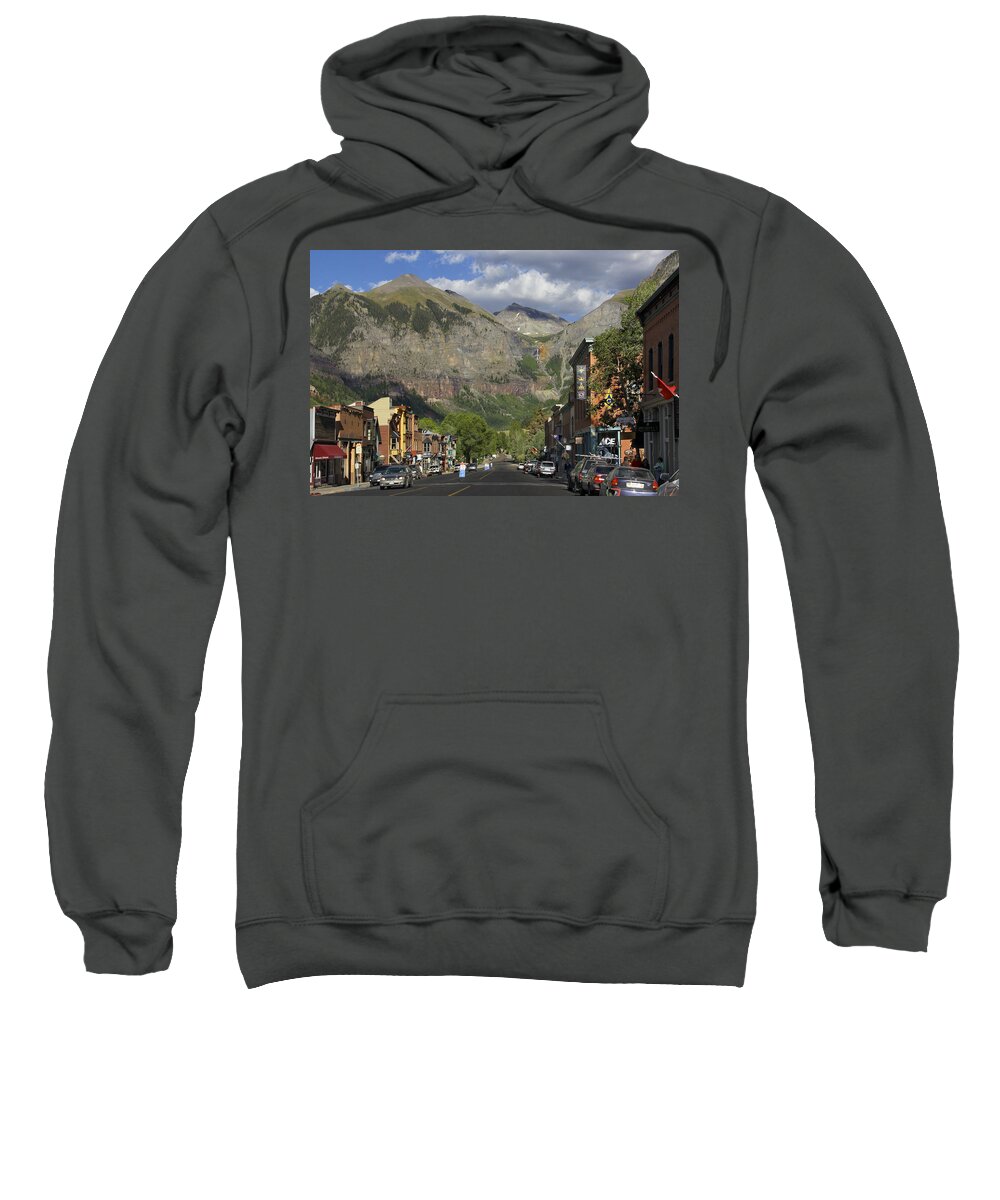 Rocky Mountains Sweatshirt featuring the photograph Downtown Telluride Colorado by Mike McGlothlen