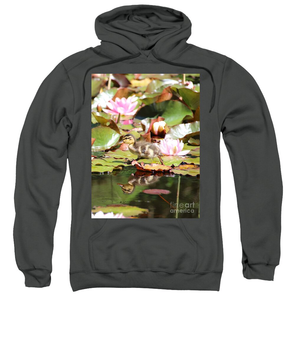 Ducklings Sweatshirt featuring the photograph Duckling running over the Water Lilies 2 by Amanda Mohler