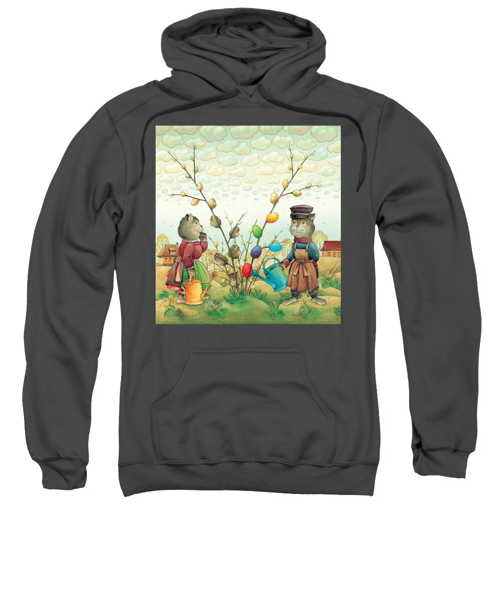 Easter Eggs Green Spring Cats Landscape Sweatshirt featuring the painting Eastereggs 05 by Kestutis Kasparavicius