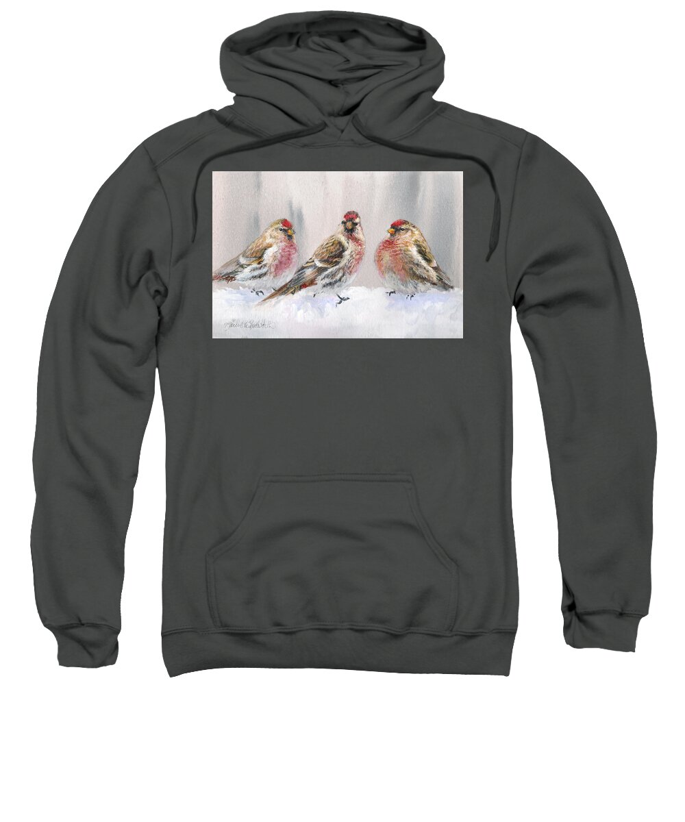 Bird Art Sweatshirt featuring the painting Snowy Birds - Eyeing The Feeder 2 Alaskan Redpolls In Winter Scene by K Whitworth