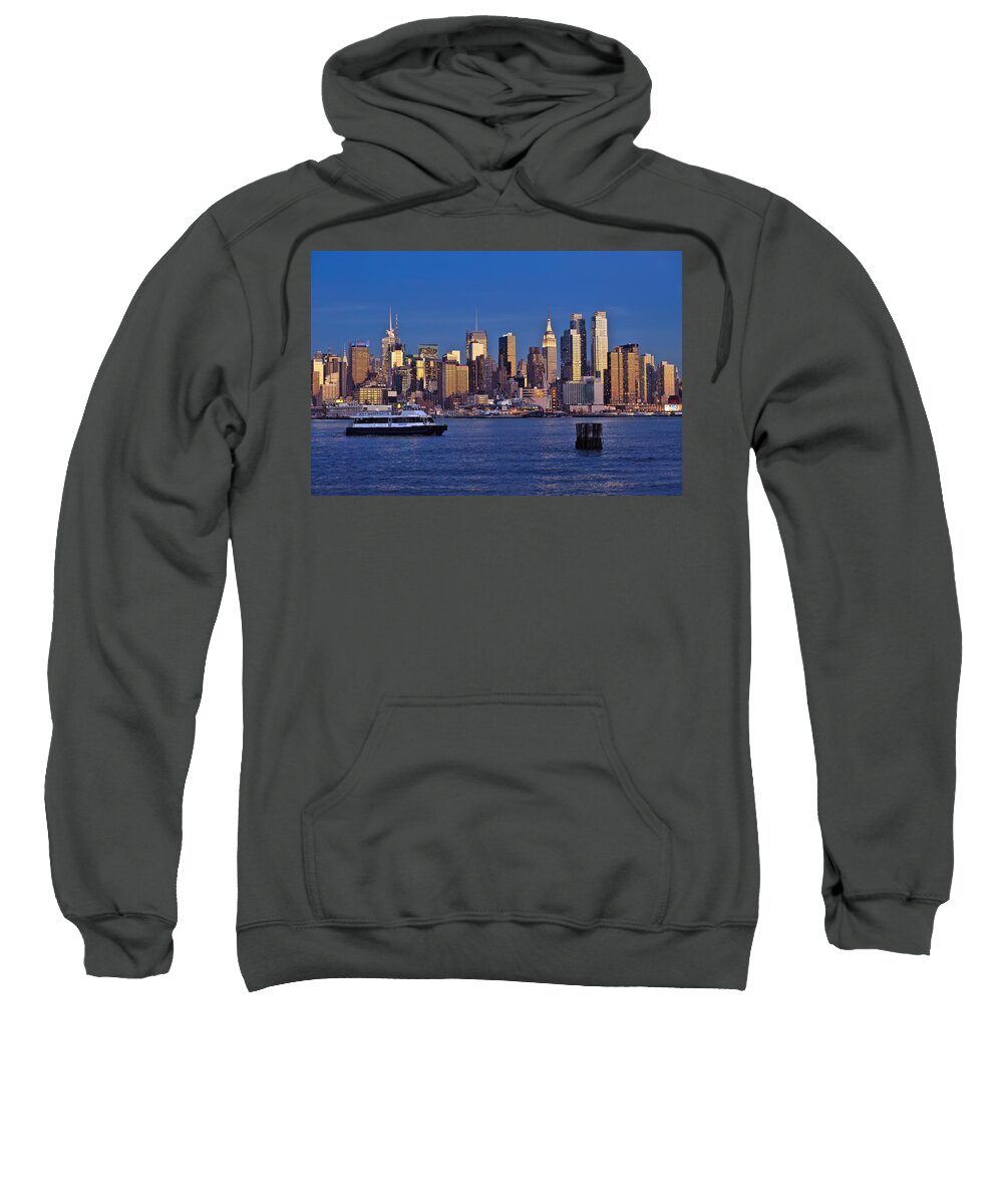 Best New York Skyline Photos Sweatshirt featuring the photograph Ferry past Manhattan by Mitchell R Grosky