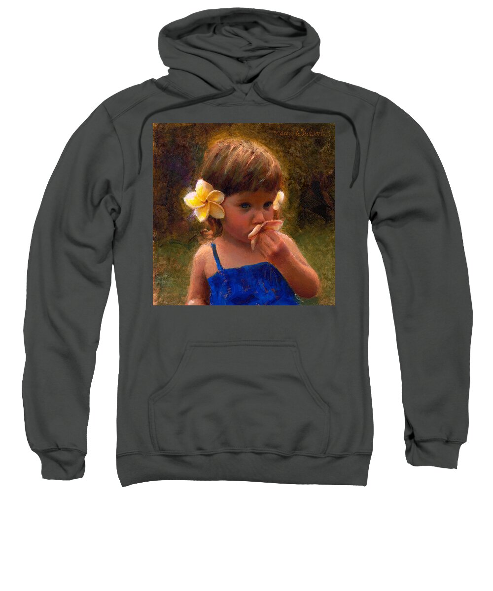 Plumeria Sweatshirt featuring the painting Flower Girl - Tropical Portrait with Plumeria Flowers by K Whitworth