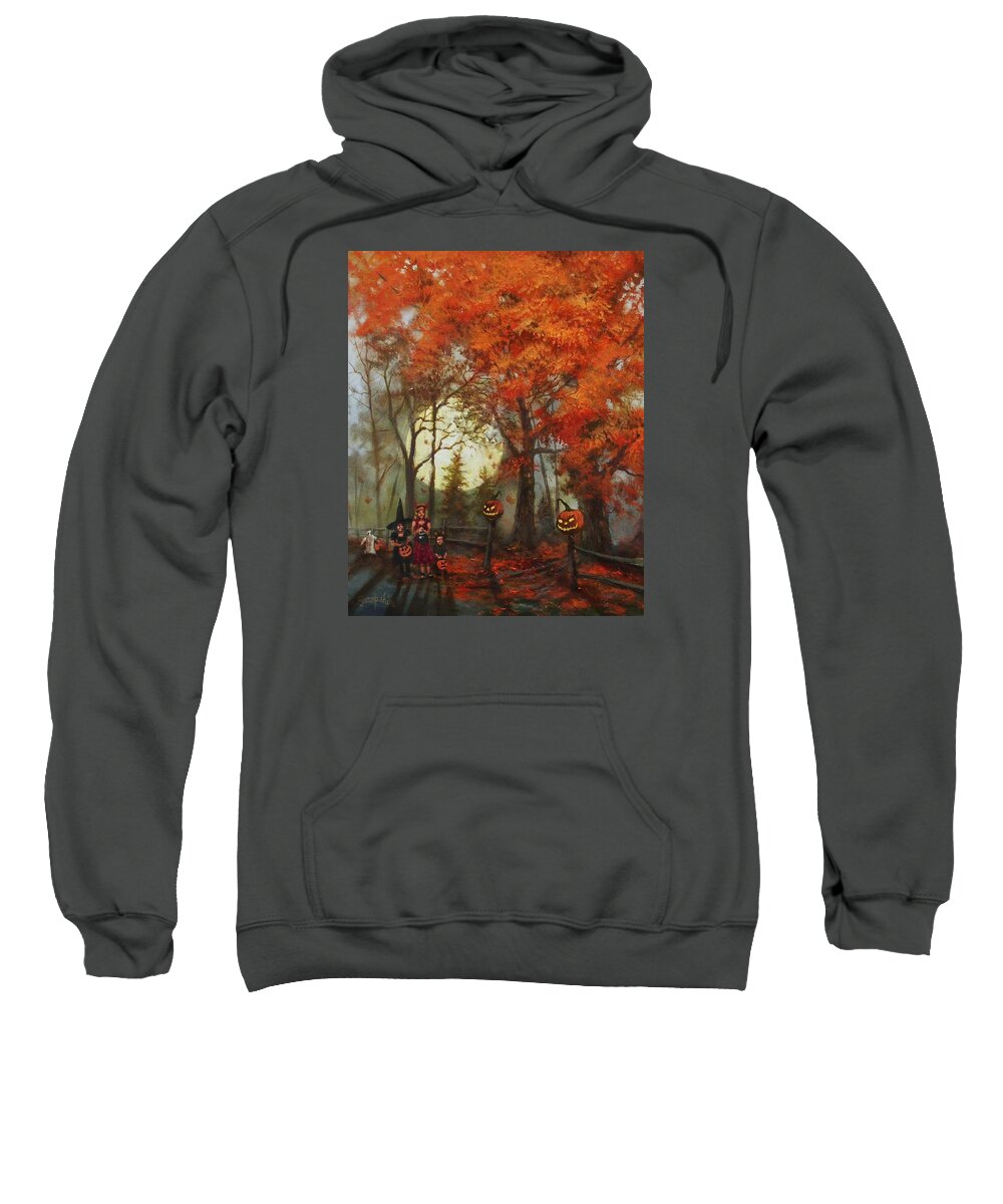  Autumn Sweatshirt featuring the painting Full Moon on Halloween Lane by Tom Shropshire