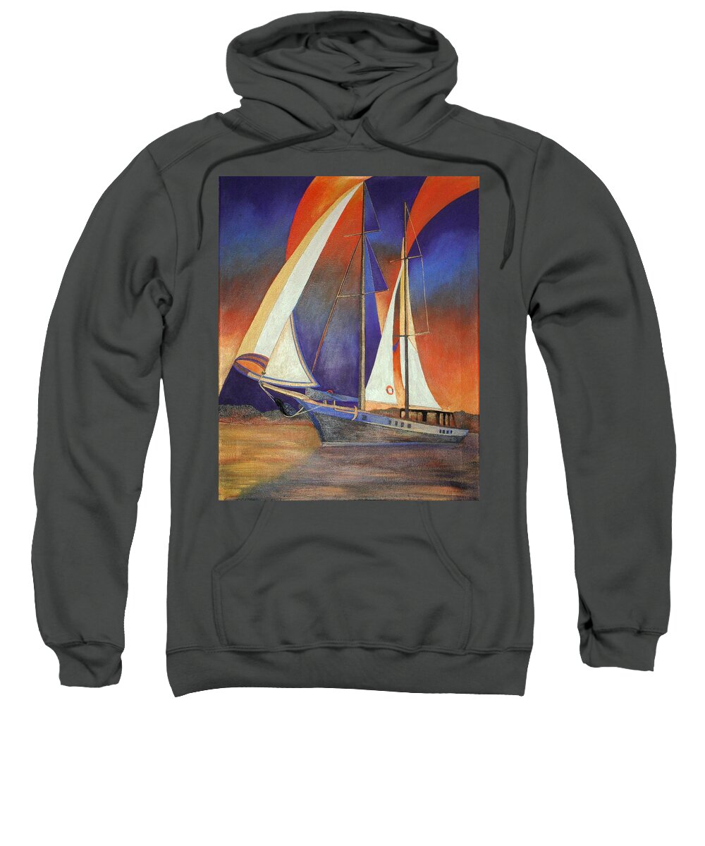Blue Sweatshirt featuring the painting Gulet Under Sail by Taiche Acrylic Art