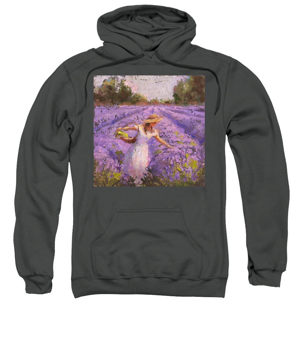 Lavender Art Sweatshirt featuring the painting Woman Picking Lavender In A Field In A White Dress - Lady Lavender - Plein Air Painting by K Whitworth