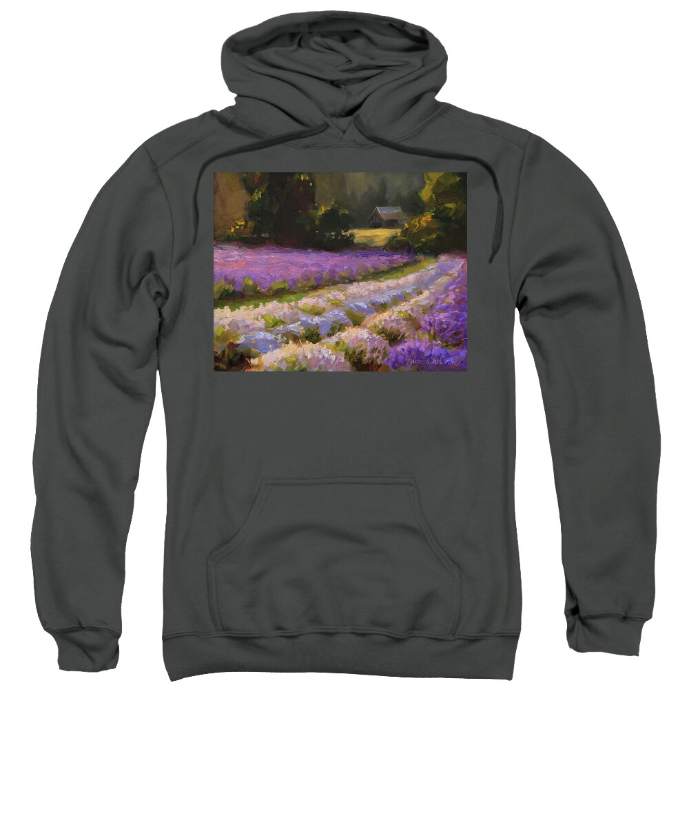 Oregon Sweatshirt featuring the painting Lavender Farm Landscape Painting - Barn and Field at Sunset Impressionism by K Whitworth