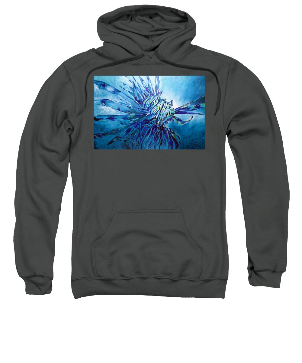 Fish Sweatshirt featuring the painting Lionfish Abstract Blue by Marcia Baldwin
