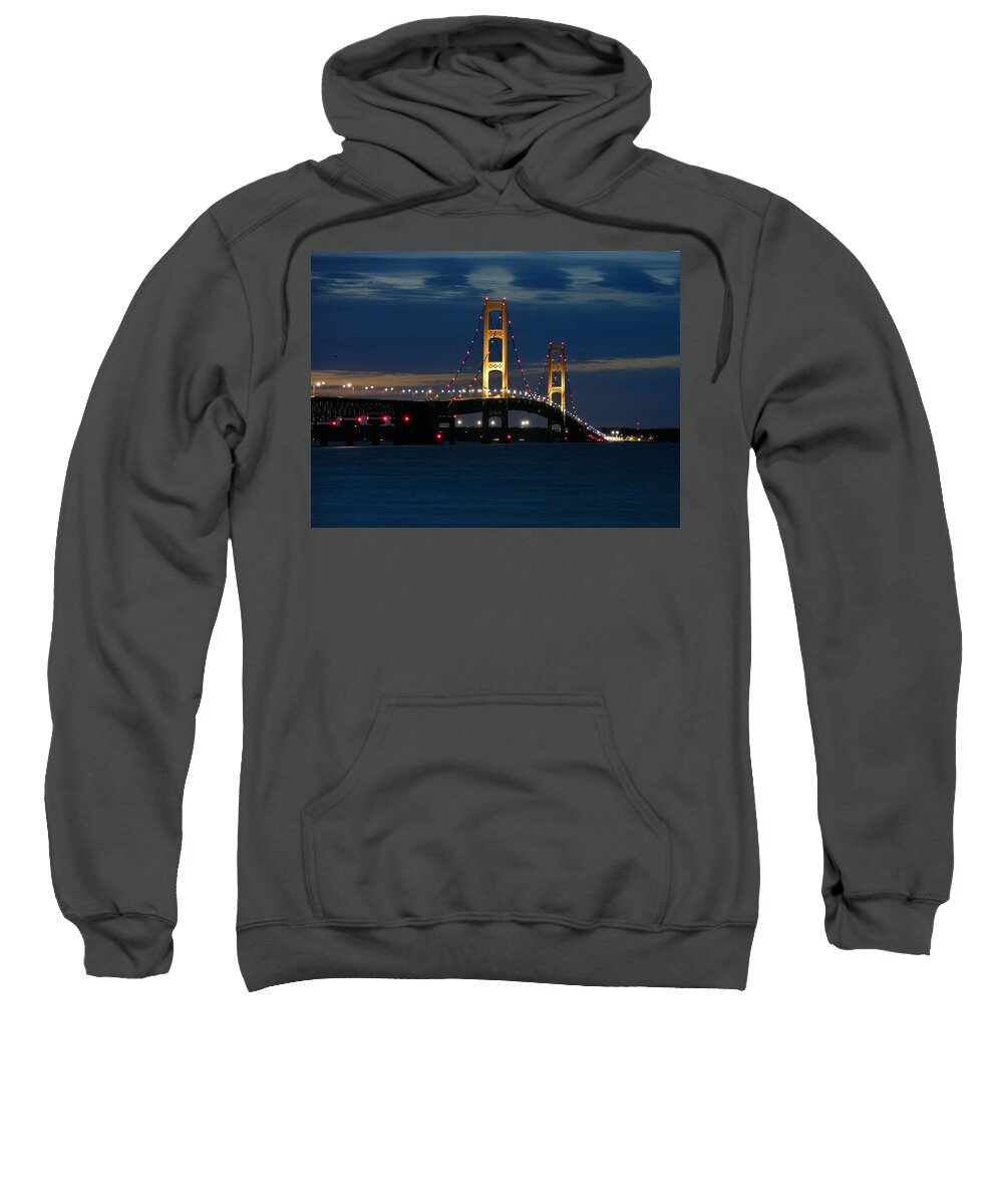 Michigan Sweatshirt featuring the photograph Mackinac Bridge at dusk by Keith Stokes