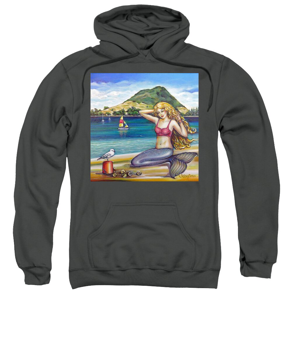 Mount Maunganui Sweatshirt featuring the painting Mount Maunganui Beach Mermaid 160313 by Selena Boron