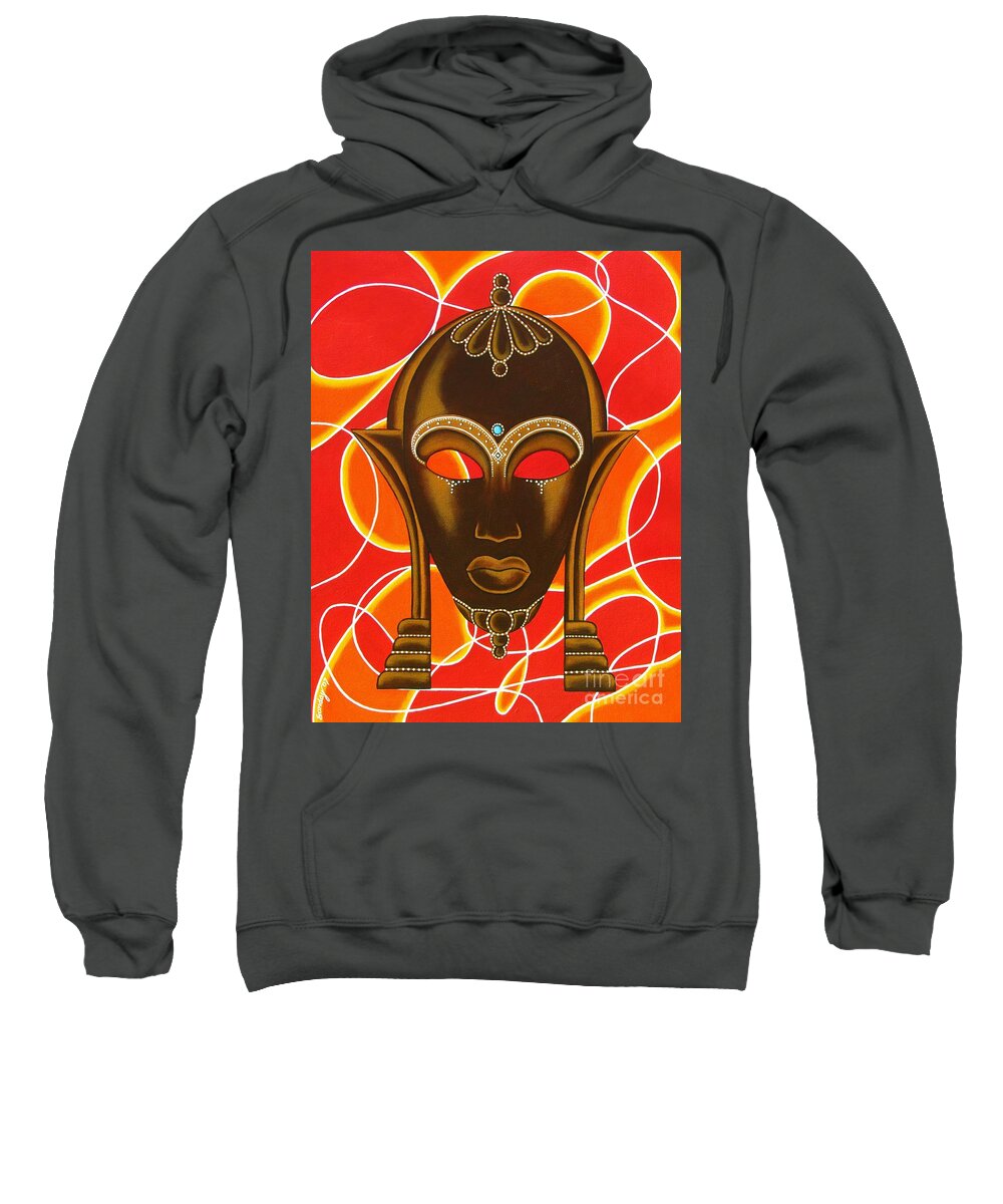 Nubian Modern Mask Sweatshirt featuring the painting Nubian Modern Mask with Red and Orange by Joseph Sonday