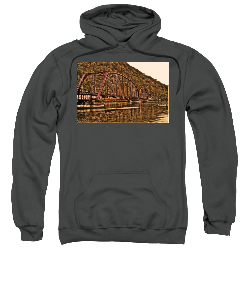River Sweatshirt featuring the photograph Old Railroad Bridge with Sepia Tones by Jonny D