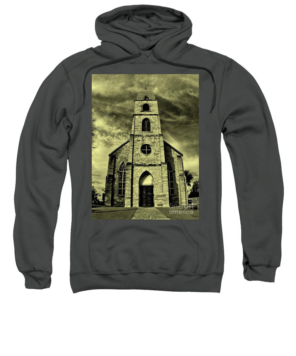 Michael Tidwell Photography Sweatshirt featuring the photograph Old St. Mary's Church in Fredericksburg Texas in Sepia by Michael Tidwell