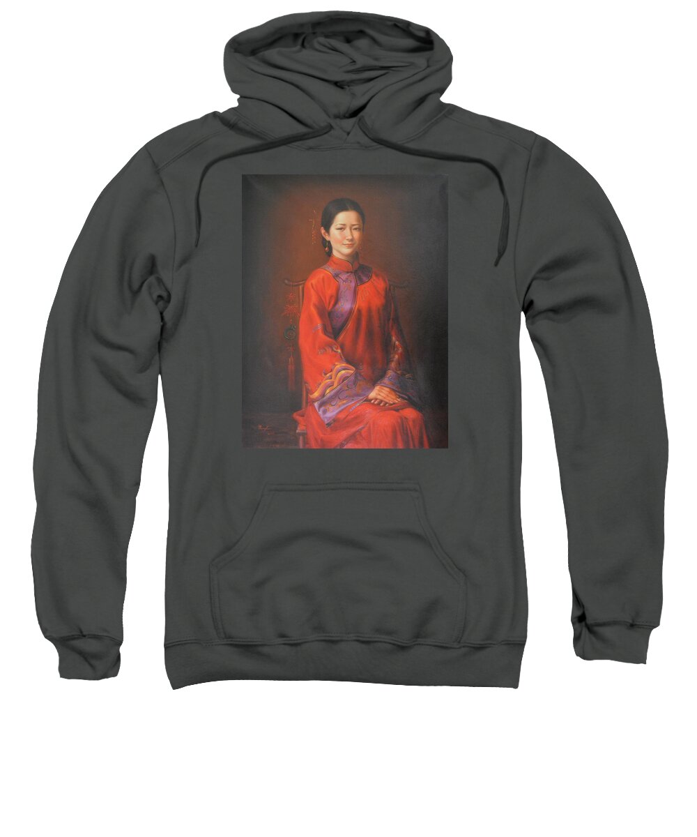 Original Sweatshirt featuring the painting Original Classic Portrait Oil Painting Woman Art - Beautiful Chinese Bride Girl by Hongtao Huang