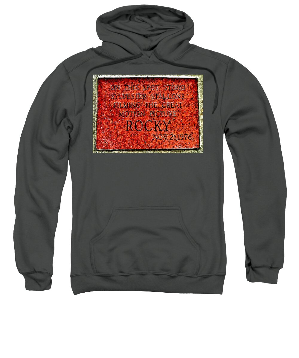 Rocky Sweatshirt featuring the photograph Pats Steaks - Rocky Plaque by Benjamin Yeager
