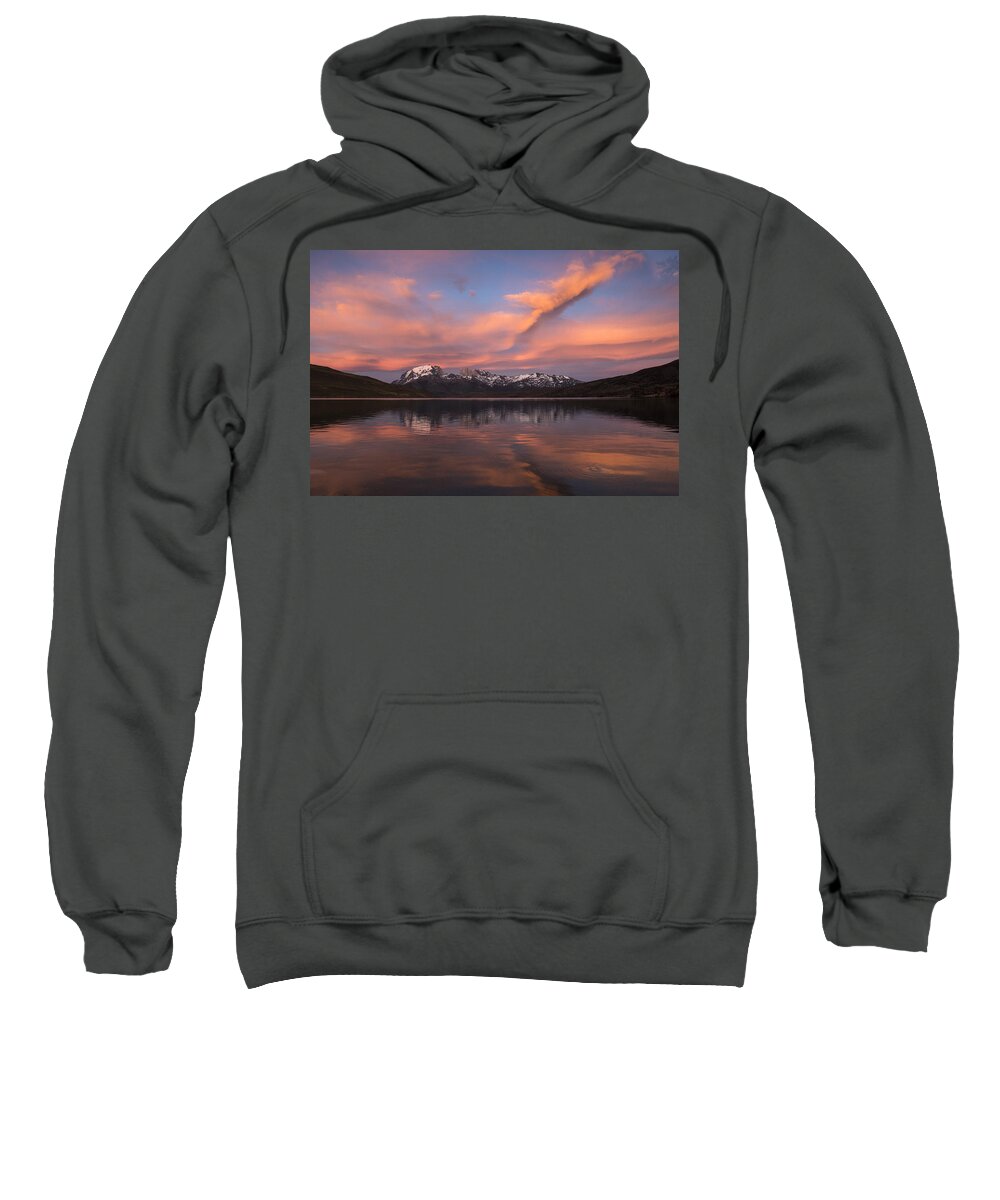 Pete Oxford Sweatshirt featuring the photograph Pehoe Lake At Sunset Paine Massif by Pete Oxford
