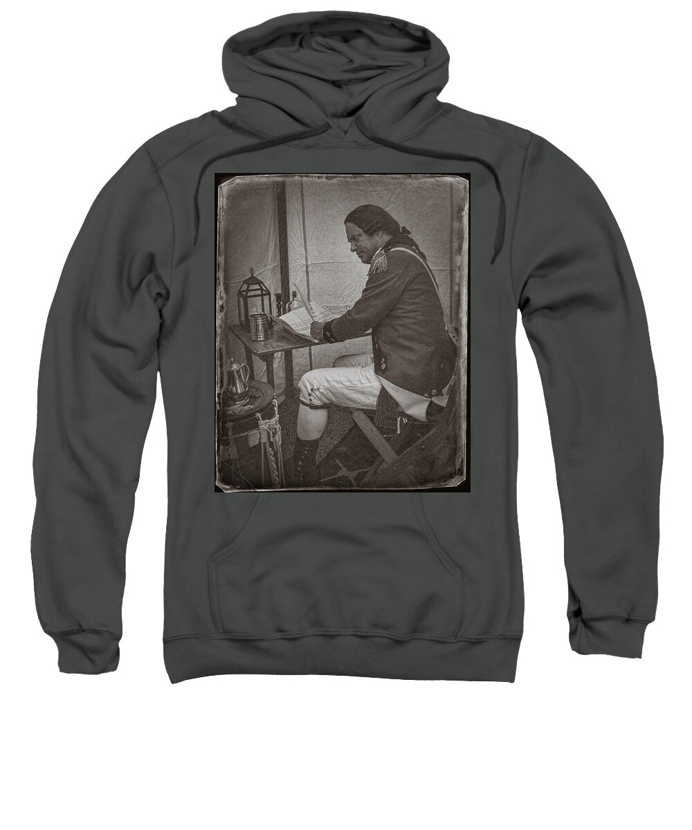 Revolutionary War Reenactment Sweatshirt featuring the photograph Penning a Letter to King George the Third  by Priscilla Burgers