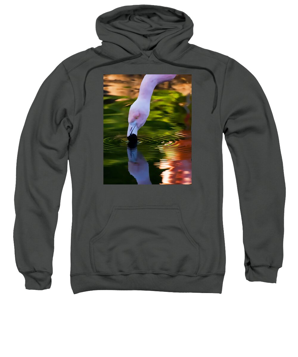 Pink Sweatshirt featuring the photograph Pink Flamingo Ripples and Reflection by Ginger Wakem