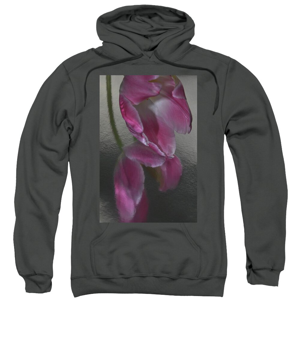 Flower Sweatshirt featuring the photograph Pink Tulip Reflection in Silver Water by Phyllis Meinke