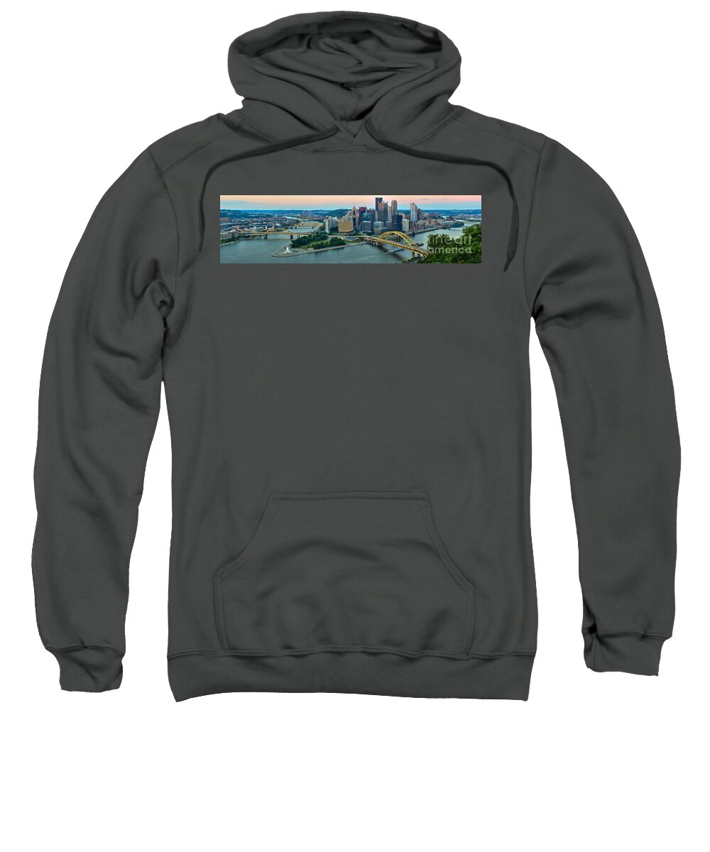 Pittsburgh Skyline Sweatshirt featuring the photograph Pittsburgh Panorama At Dusk by Adam Jewell