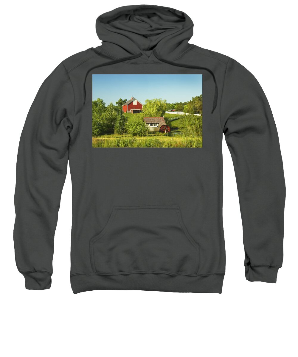 Farm Sweatshirt featuring the photograph Red Barn And Water Mill On Farm In Maine by Keith Webber Jr