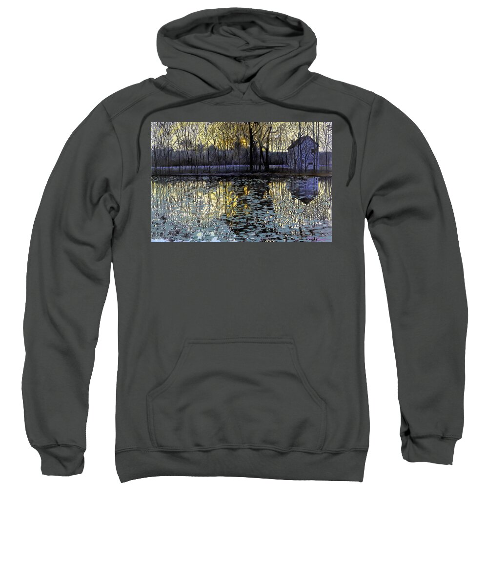 Landscape Painting Water Lilies Sweatshirt featuring the painting Reflections of Twilight by David Zimmerman