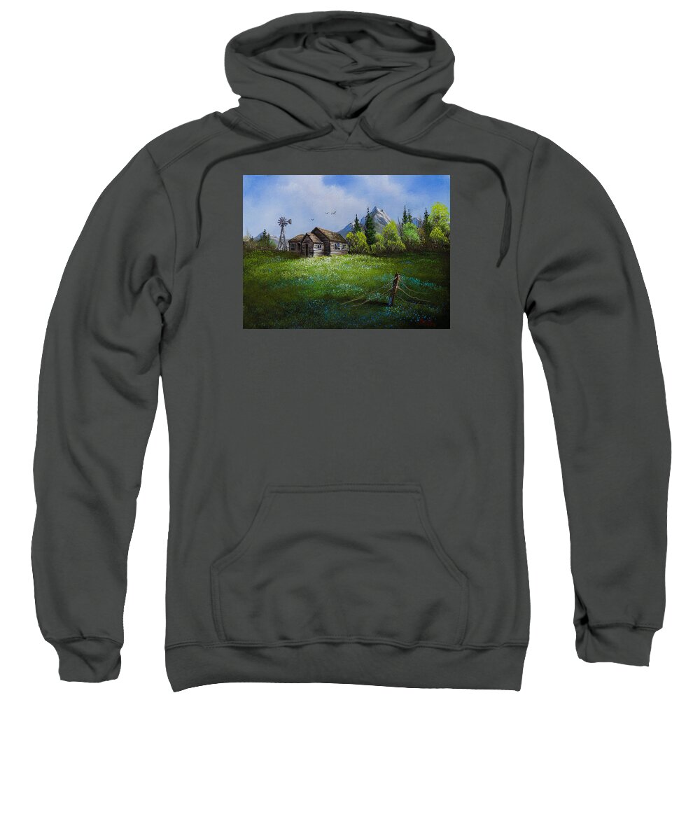 Cabin Sweatshirt featuring the painting Sawtooth Mountain Homestead by Chris Steele