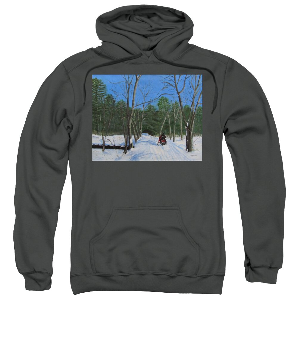 Landscape Sweatshirt featuring the painting Snowmobile on Trail by Linda Feinberg