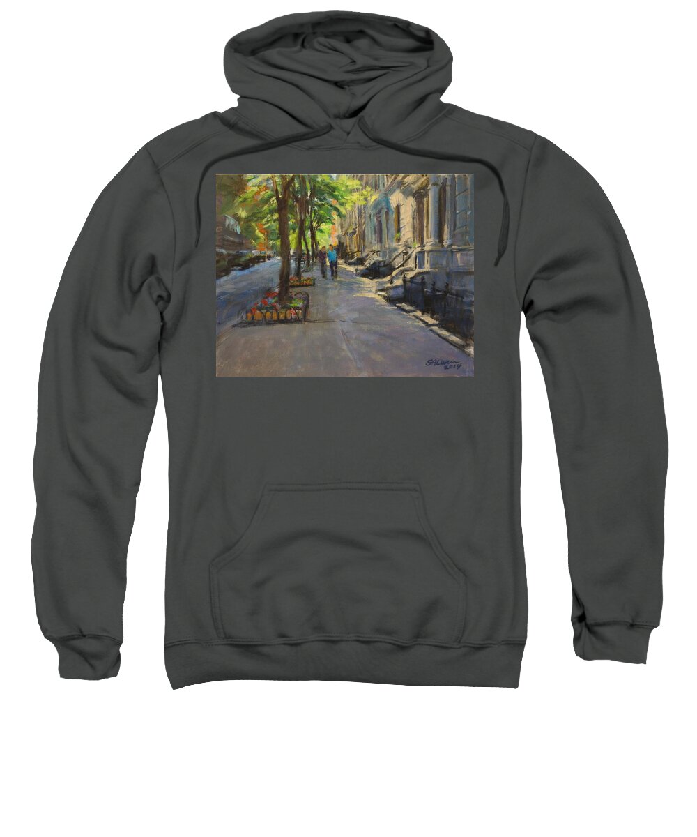 Landscape Sweatshirt featuring the painting Spring Morning on West 85th Street by Peter Salwen