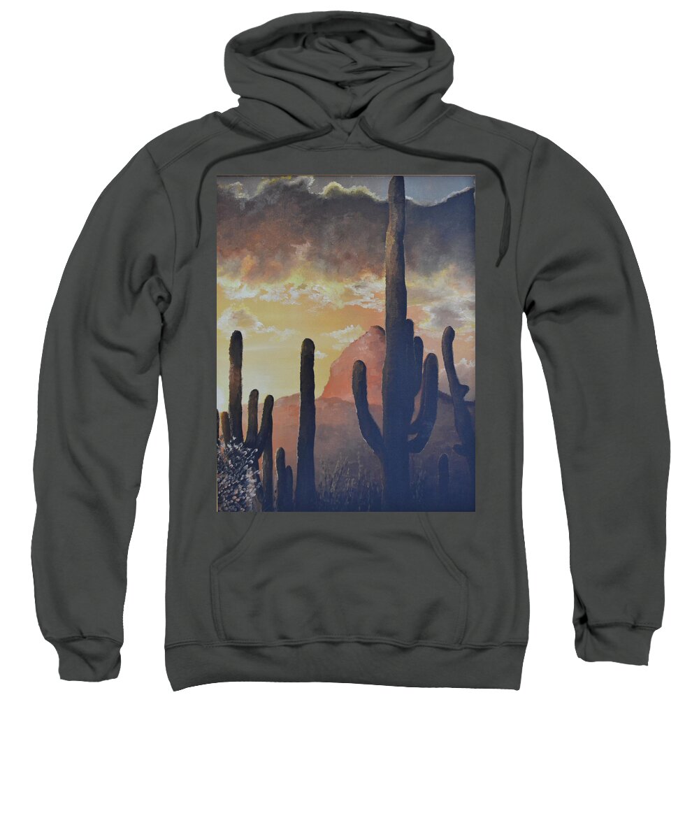 A Sunrise In The Tucson Desert With Cactus Sweatshirt featuring the painting Sunrise in Tucson by Martin Schmidt