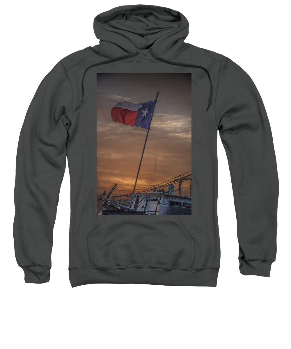 Migration Sweatshirt featuring the photograph Texas Flag Flying from a Fishing Boat at Sunrise by Randall Nyhof