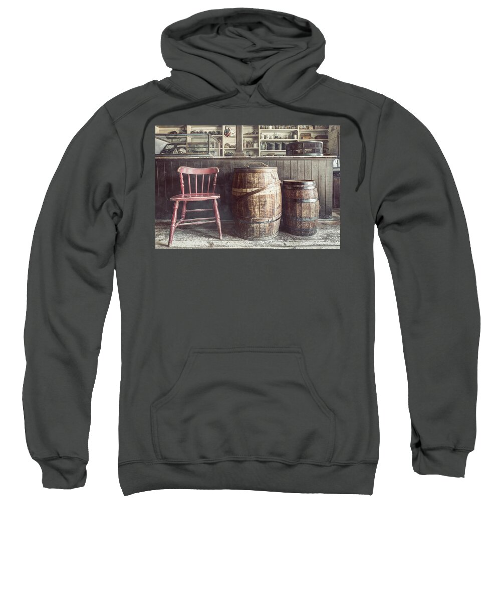 19th Century Sweatshirt featuring the photograph The Old General Store - Red chair and Barrels in this 19th Century Store by Gary Heller