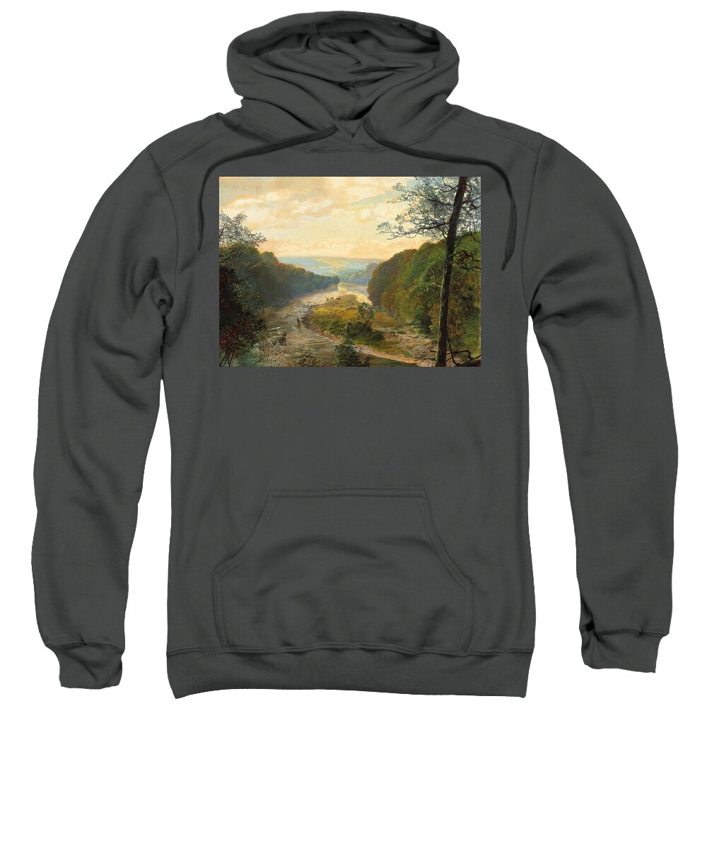 The River Wharfe Sweatshirt featuring the painting The Wharfe Valley with Barden Tower Beyond by John Atkinson Grimshaw