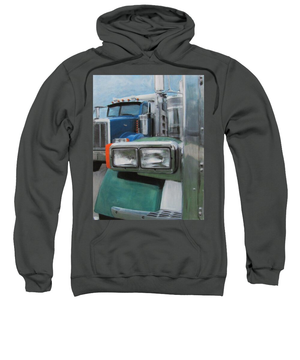 Truck Sweatshirt featuring the painting Trucks in Green and Blue by Anita Burgermeister