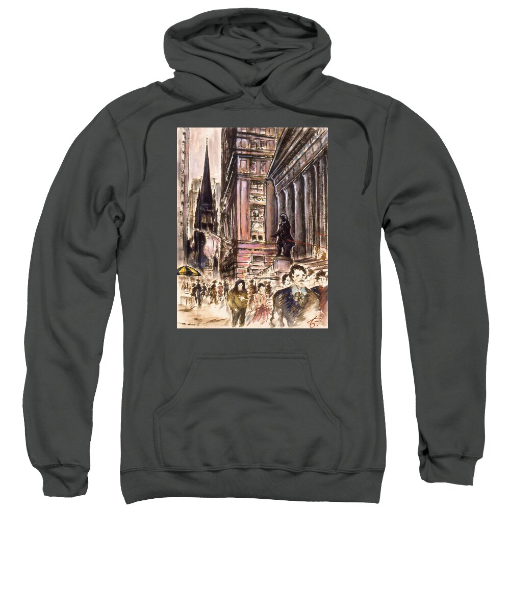 New+york Sweatshirt featuring the painting New York Wall Street - Fine Art Painting by Peter Potter