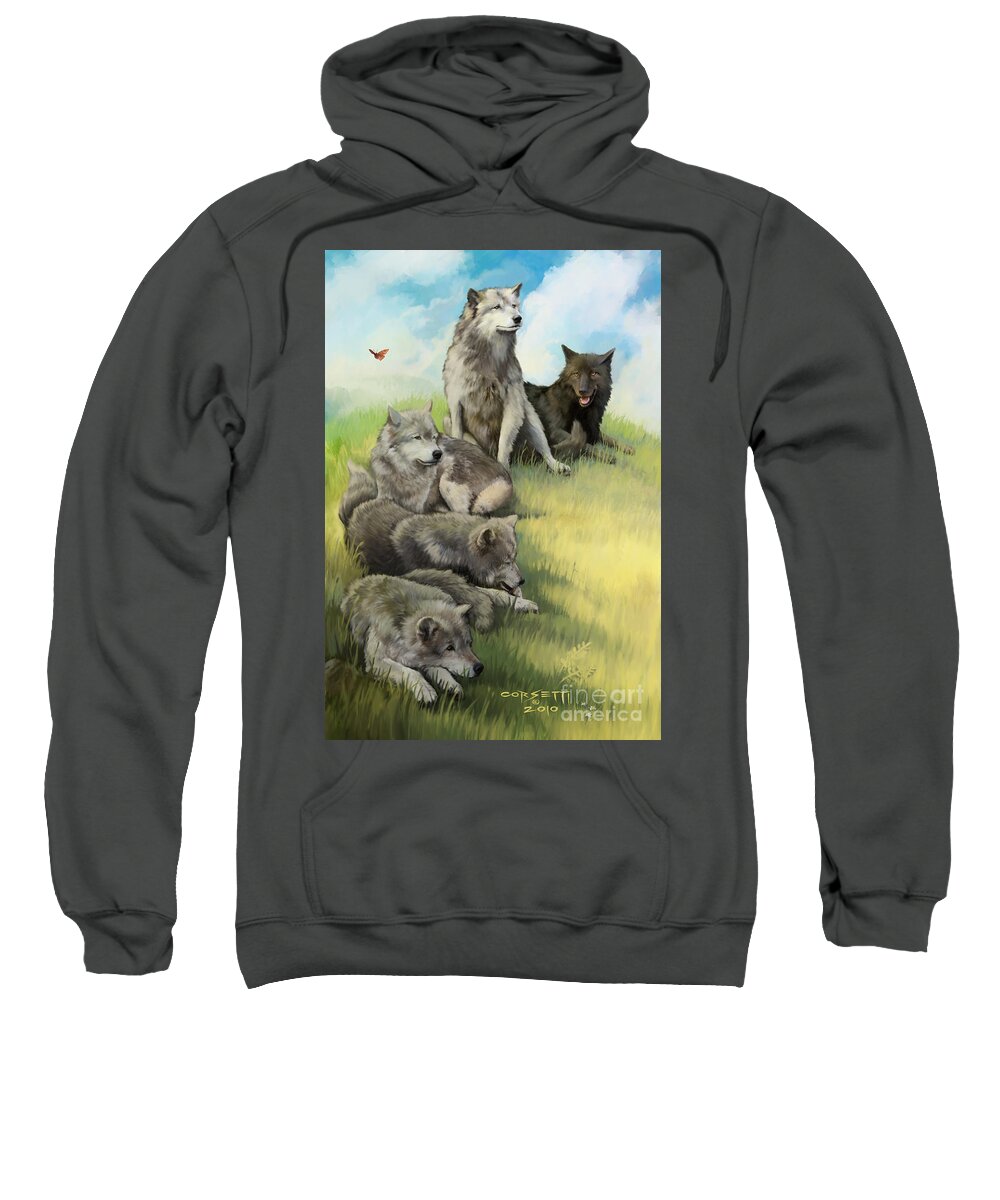 Quit Sweatshirt featuring the painting Wolf Gathering lazy by Robert Corsetti