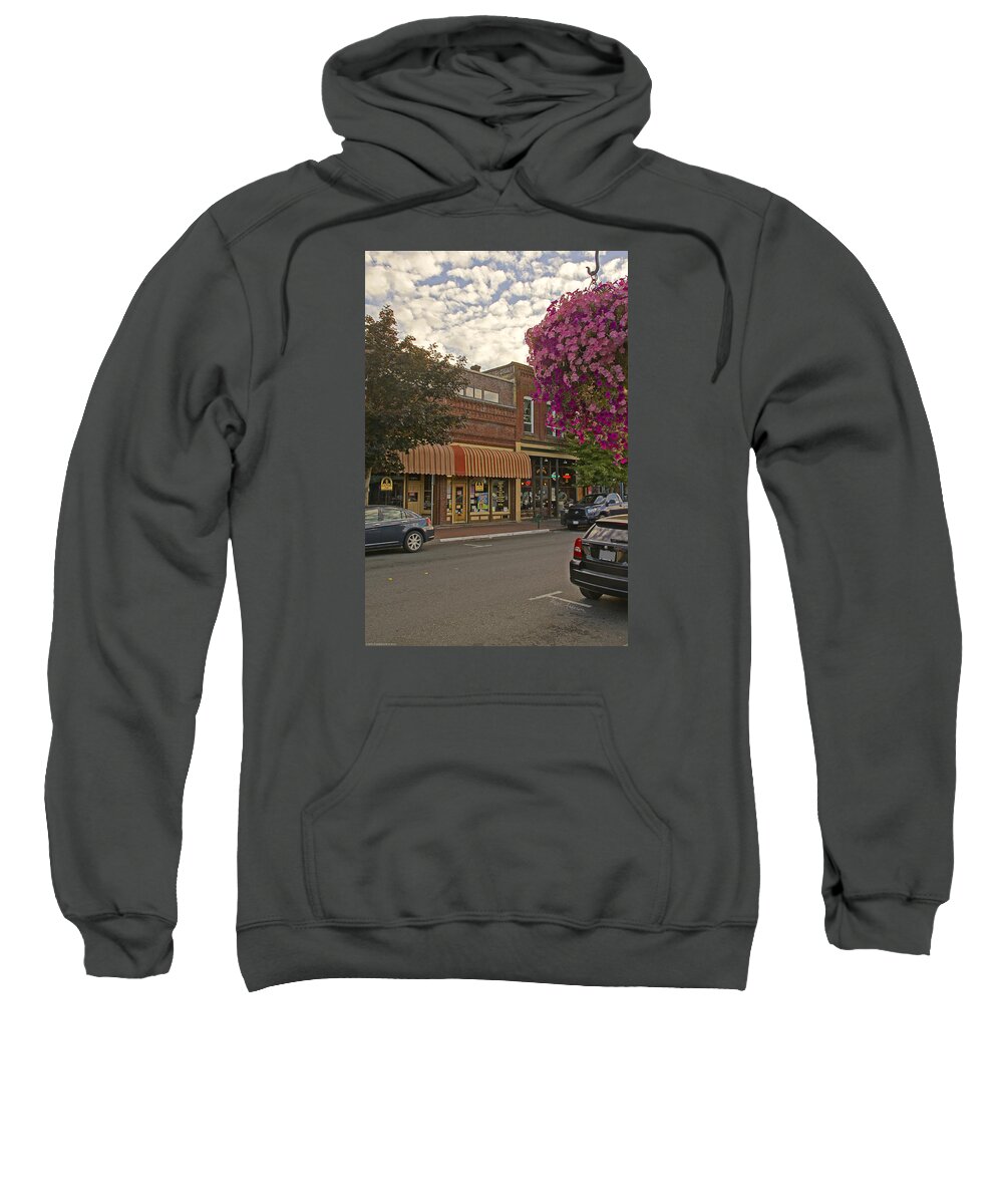 Grants Pass Sweatshirt featuring the photograph Blind Georges and Laughing Clam on G Street in Grants Pass by Mick Anderson