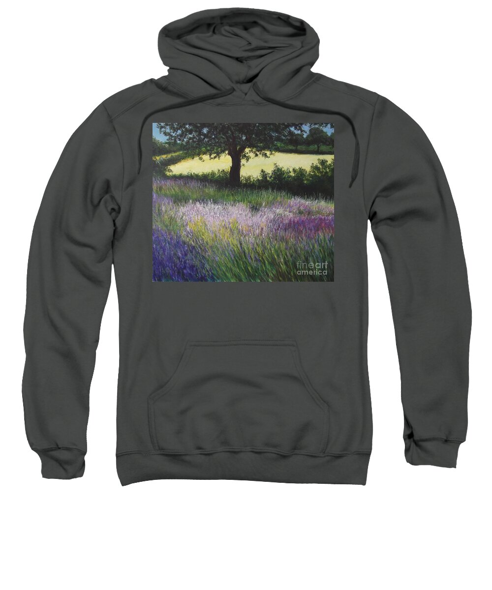 Lavender Sweatshirt featuring the painting Fields of Lavender, England by Lizzy Forrester