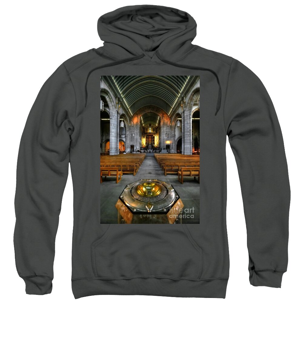 Yhun Suarez Sweatshirt featuring the photograph Leeds Cathedral Baptismal Font And Nave by Yhun Suarez