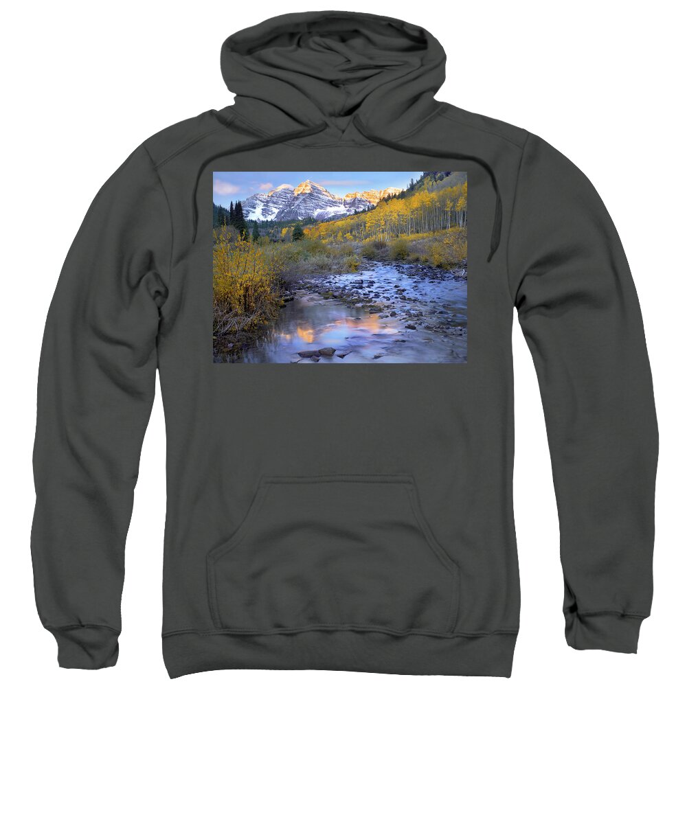 00175168 Sweatshirt featuring the photograph Maroon Bells And Maroon Creek In Autumn by Tim Fitzharris