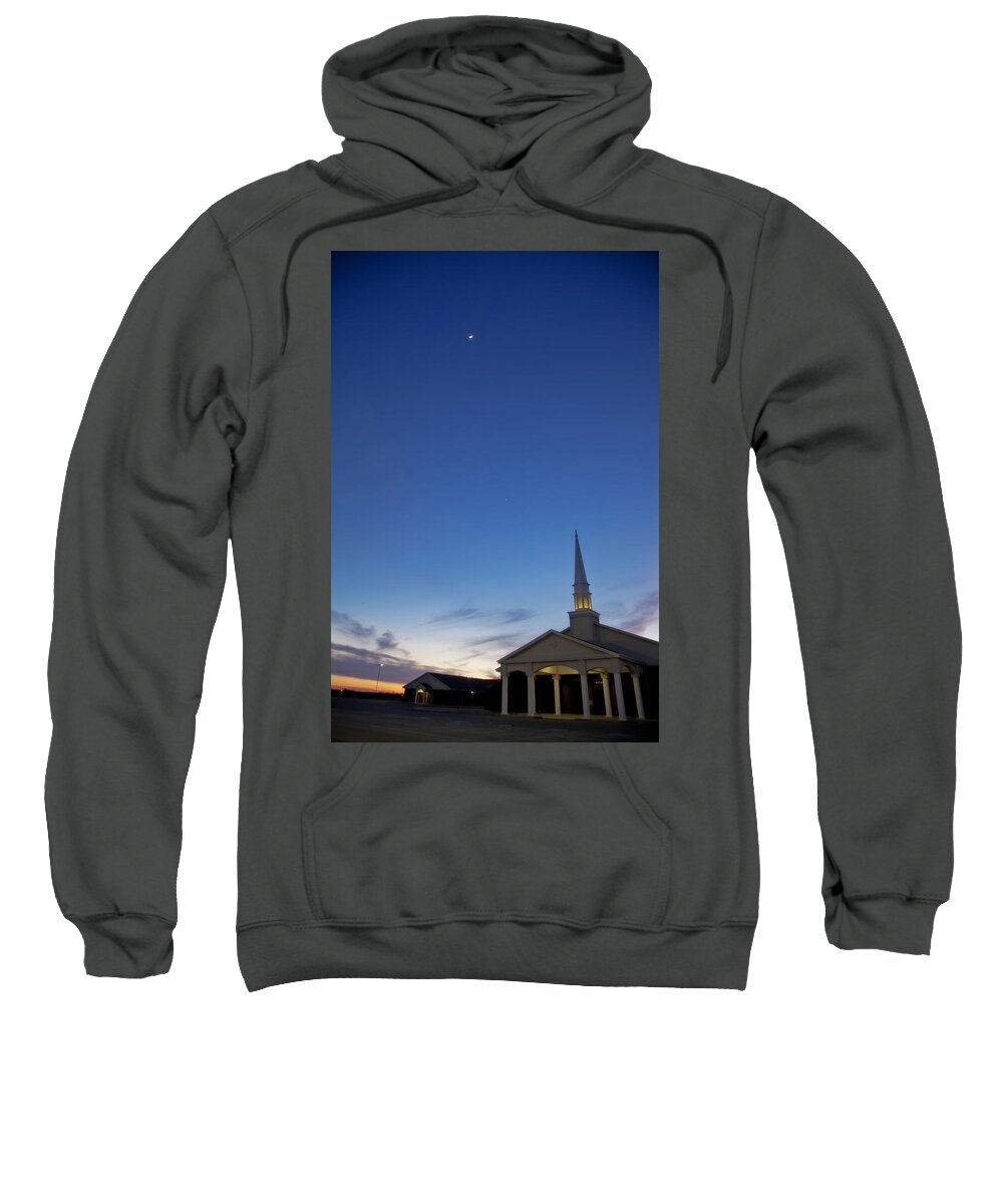 Sunset Sweatshirt featuring the photograph Moon over steeple at New Hope Baptist Church West Duncan Oklahoma by Toni Hopper