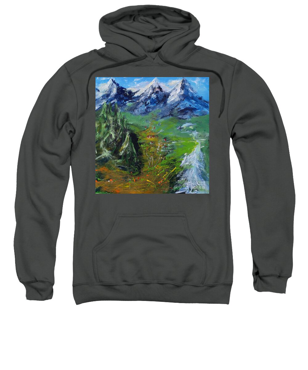 Mountains Sweatshirt featuring the painting Three Mountains by Lidija Ivanek - SiLa