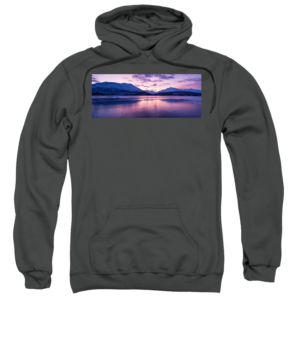 Beautiful Sweatshirt featuring the photograph Twilight above a fjord in Norway with beautifully colors by U Schade