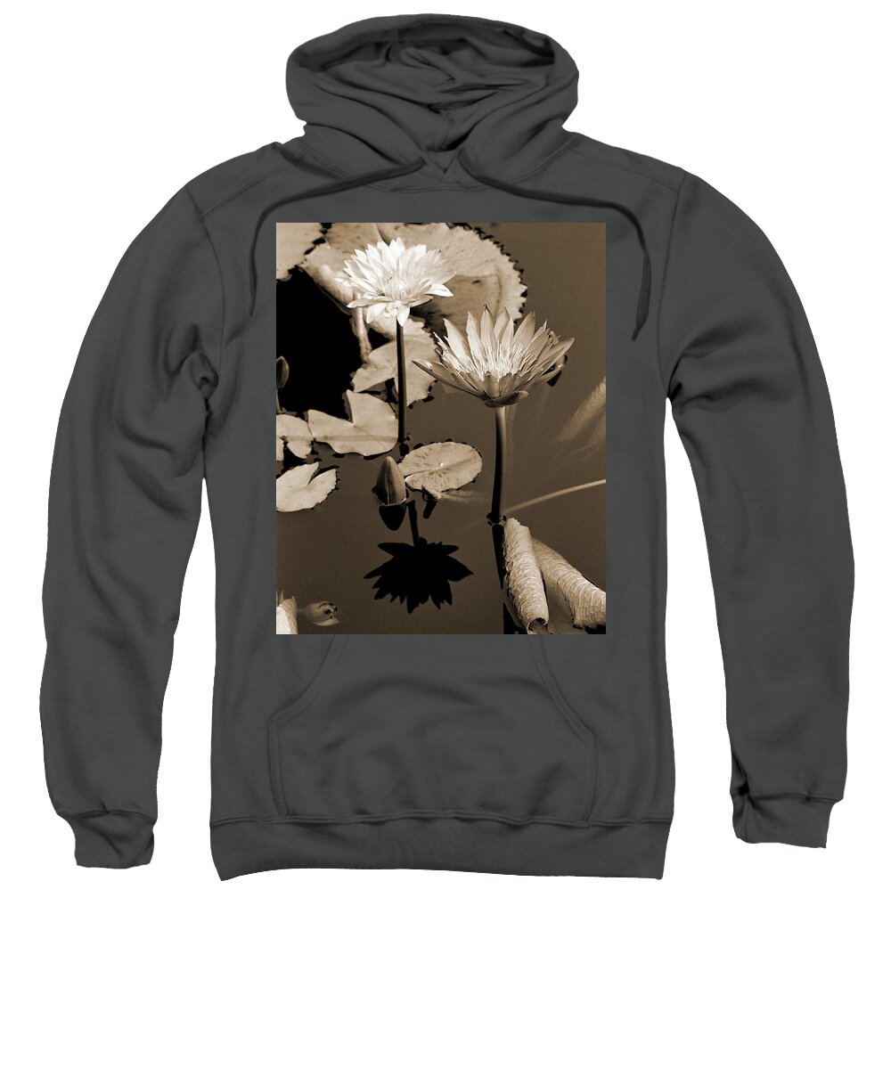 Waterlilies Sweatshirt featuring the photograph Two Waterlilies Sepia by Greg Matchick