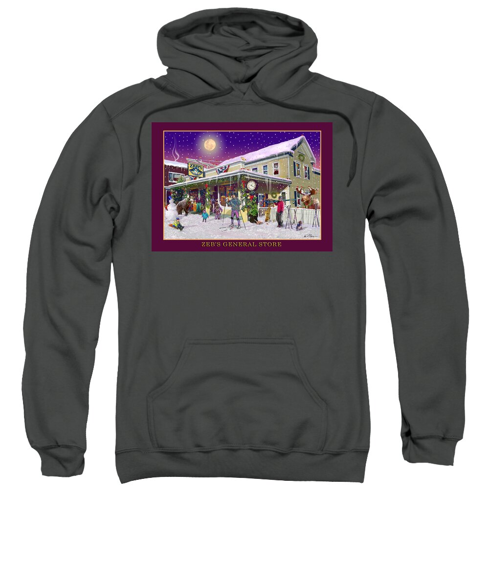 Zebs General Store Sweatshirt featuring the digital art Winter at Zebs General Store in North Conway NH by Nancy Griswold
