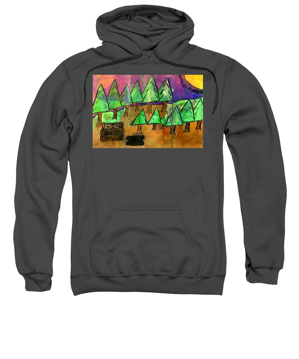 Trees Sweatshirt featuring the mixed media Woods Cut Logs And A Sunset by Tim Nyberg