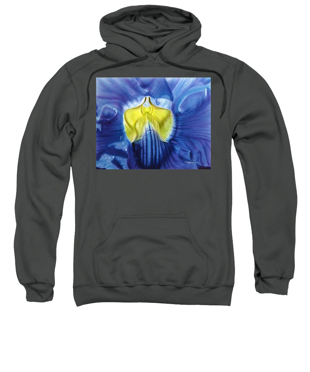 Blue And Yellow Orchids/orchids/blue/yellow/flowers Sweatshirt featuring the painting Yellow And Blue by Dan Menta
