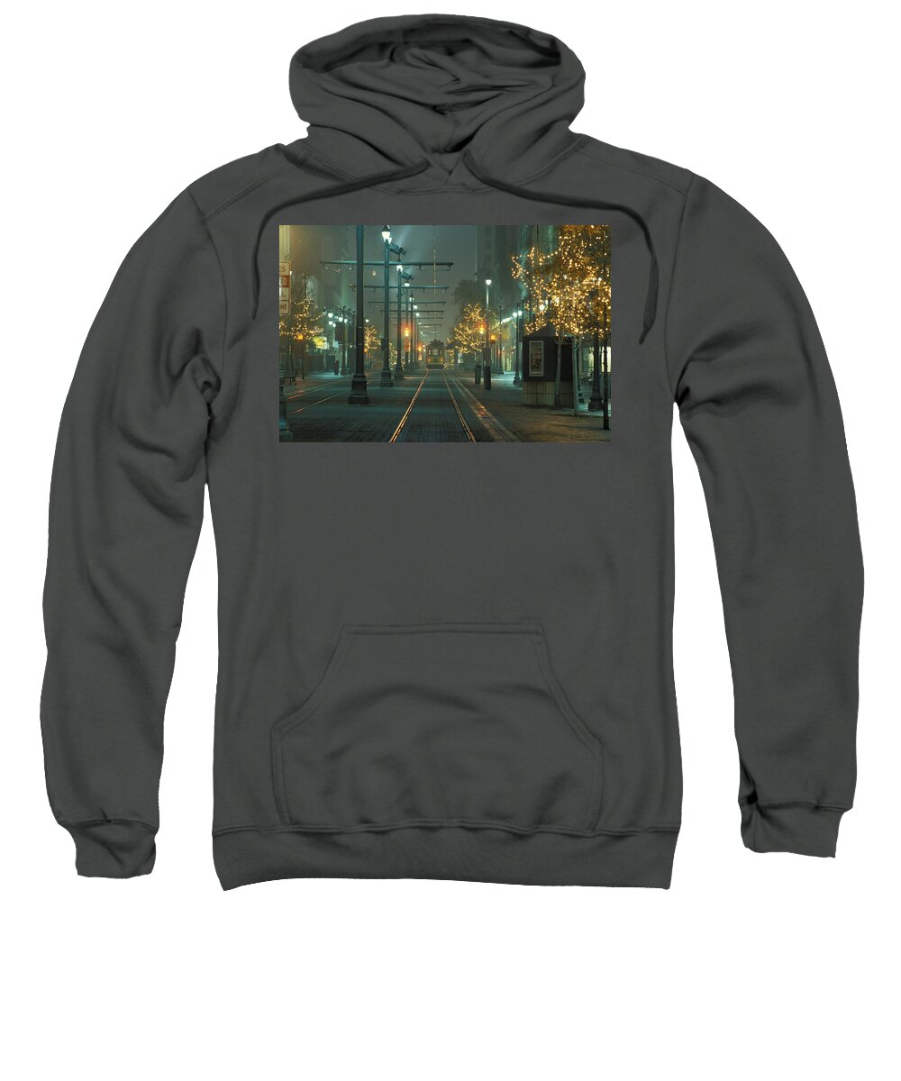 Trolley Sweatshirt featuring the photograph Main Street Trolley at Night by James C Richardson